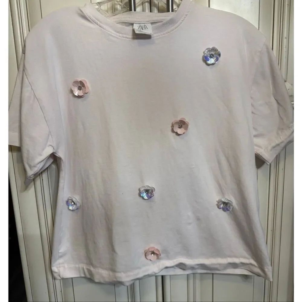 ZARA Girls' Embellished Floral Crew Neck Short Sleeve T-Shirt Pink Size 11-12